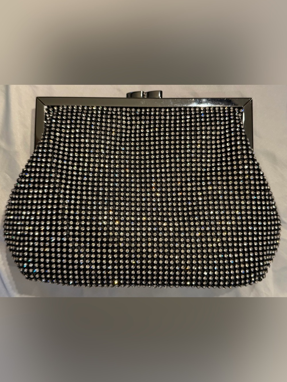 La Regale Black Rhinestone Evening Clutch Gunmetal Frame Crossbody Formal Purse